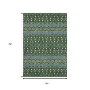 HomeRoots 10' Olive Green, Blue & Ivory Tribal Area Rug - Washable, UV-Protected, Stylish & Durable for Homes 657131