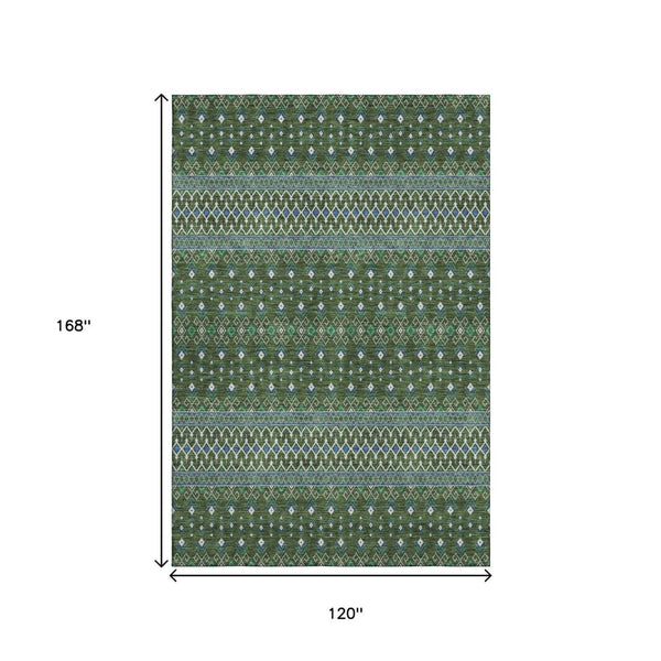HomeRoots 10' Olive Green, Blue & Ivory Tribal Area Rug - Washable, UV-Protected, Stylish & Durable for Homes 657131