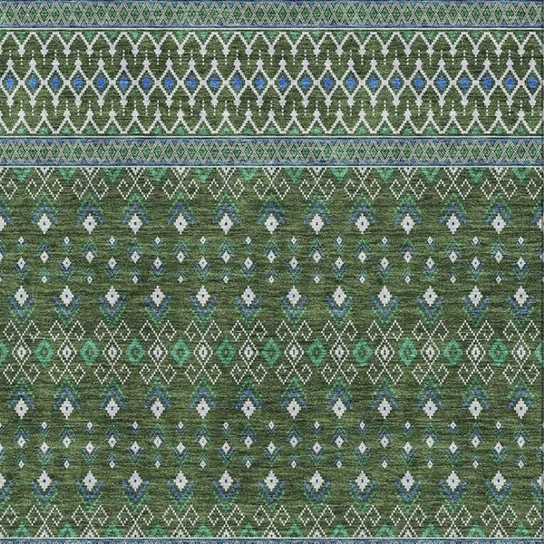 HomeRoots 10' Olive Green, Blue & Ivory Tribal Area Rug - Washable, UV-Protected, Stylish & Durable for Homes 657131