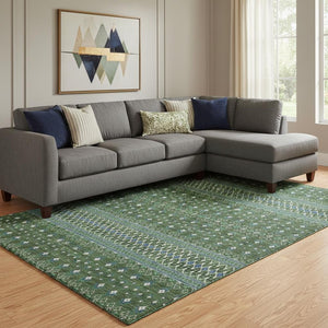 HomeRoots 10' Olive Green, Blue & Ivory Tribal Area Rug - Washable, UV-Protected, Stylish & Durable for Homes 657131