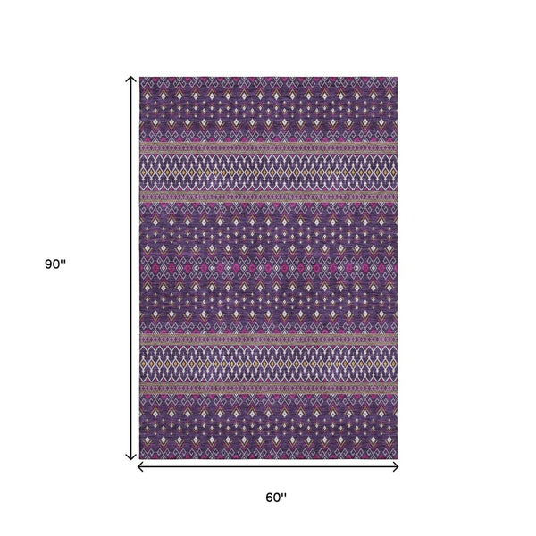 HomeRoots 5' X 8' Purple and Yellow Tribal Area Rug - Washable, UV-Protected, Durable Design for Homes with Kids 657133