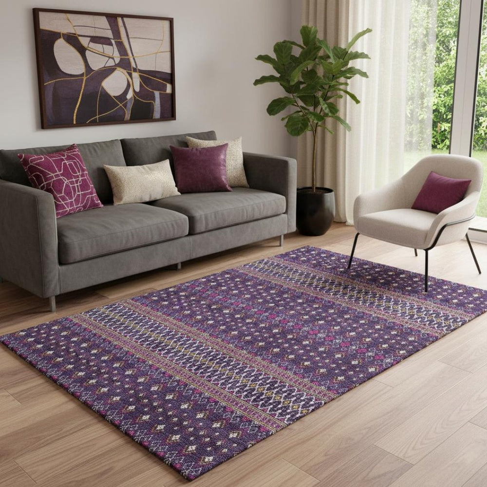 HomeRoots 5' X 8' Purple and Yellow Tribal Area Rug - Washable, UV-Protected, Durable Design for Homes with Kids 657133