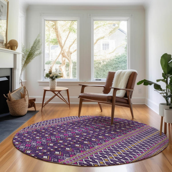 HomeRoots 8' Vibrant Purple and Yellow Tribal Washable Round Rug with UV Protection for Homes & Patios 657134