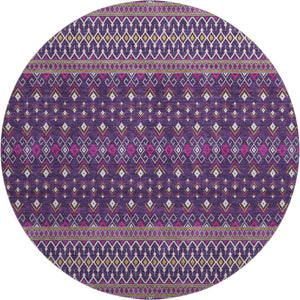 HomeRoots 8' Vibrant Purple and Yellow Tribal Washable Round Rug with UV Protection for Homes & Patios 657134