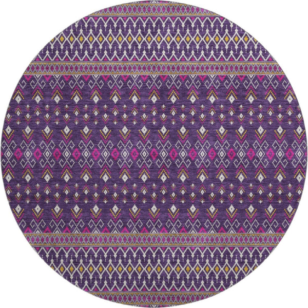 HomeRoots 8' Vibrant Purple and Yellow Tribal Washable Round Rug with UV Protection for Homes & Patios 657134