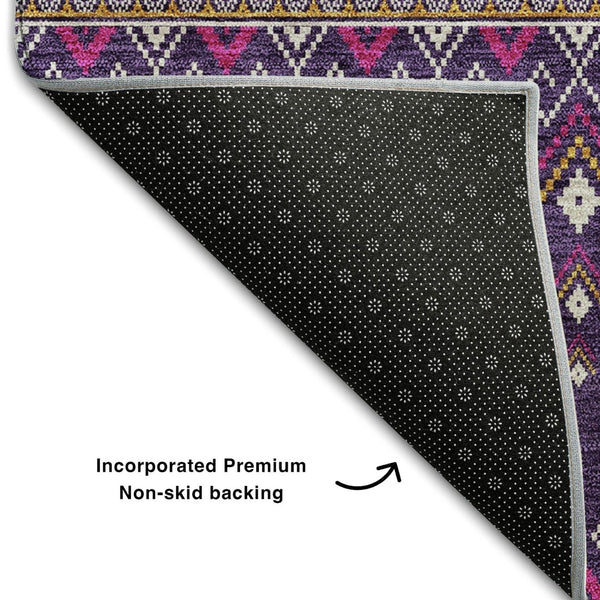 HomeRoots 8' Vibrant Purple and Yellow Tribal Washable Round Rug with UV Protection for Homes & Patios 657134