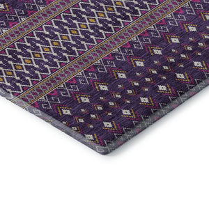 HomeRoots 8' Vibrant Purple and Yellow Tribal Washable Round Rug with UV Protection for Homes & Patios 657134