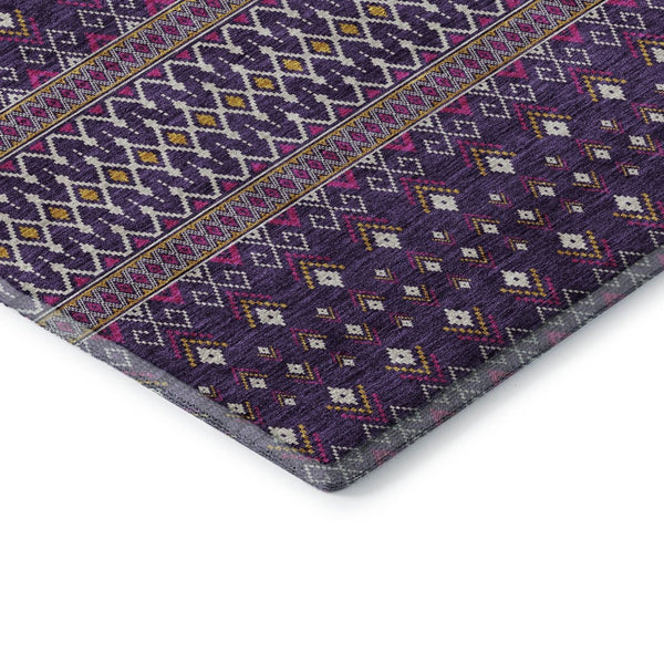 HomeRoots 8' Vibrant Purple and Yellow Tribal Washable Round Rug with UV Protection for Homes & Patios 657134