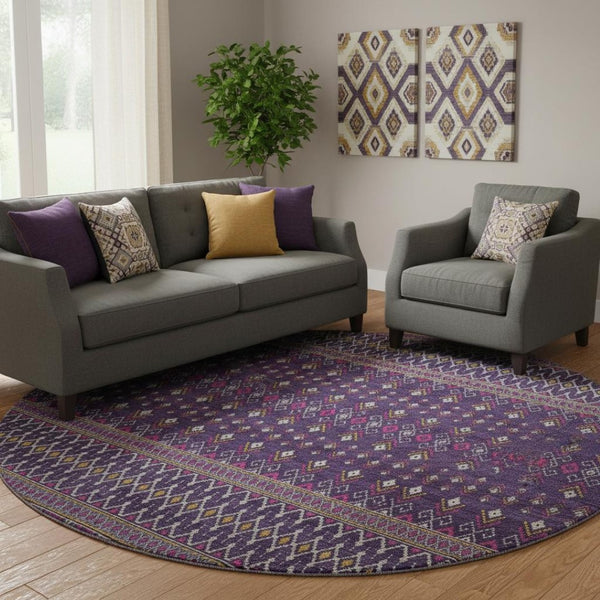HomeRoots 8' Vibrant Purple and Yellow Tribal Washable Round Rug with UV Protection for Homes & Patios 657134