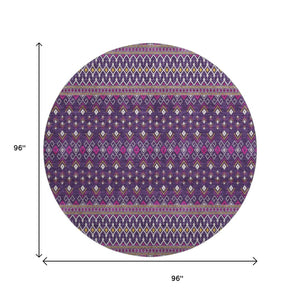 HomeRoots 8' Vibrant Purple and Yellow Tribal Washable Round Rug with UV Protection for Homes & Patios 657134
