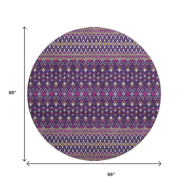HomeRoots 8' Vibrant Purple and Yellow Tribal Washable Round Rug with UV Protection for Homes & Patios 657134