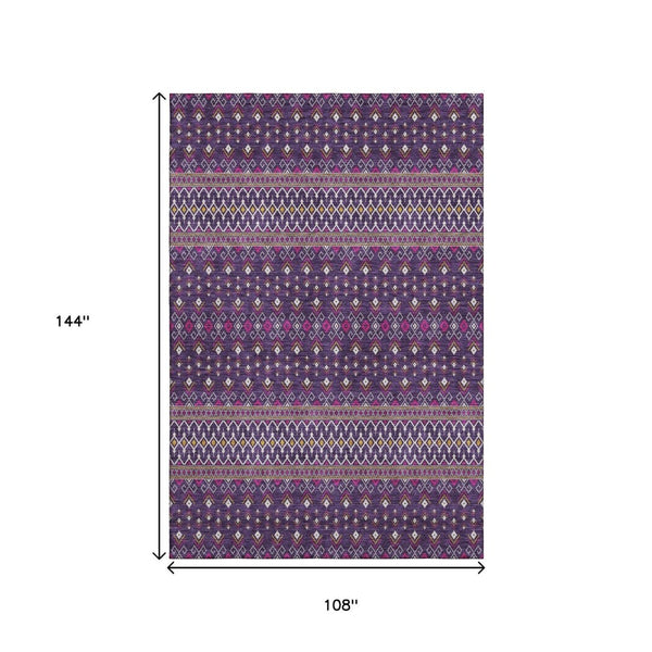 HomeRoots 9' X 12' Purple and Yellow Tribal Area Rug - Washable, UV Protected, Stain Resistant for High Traffic Spaces 657136