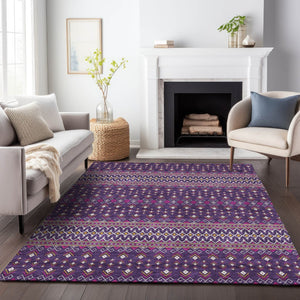 HomeRoots 9' X 12' Purple and Yellow Tribal Area Rug - Washable, UV Protected, Stain Resistant for High Traffic Spaces 657136