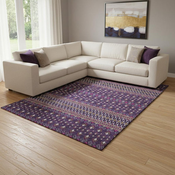 HomeRoots 9' X 12' Purple and Yellow Tribal Area Rug - Washable, UV Protected, Stain Resistant for High Traffic Spaces 657136