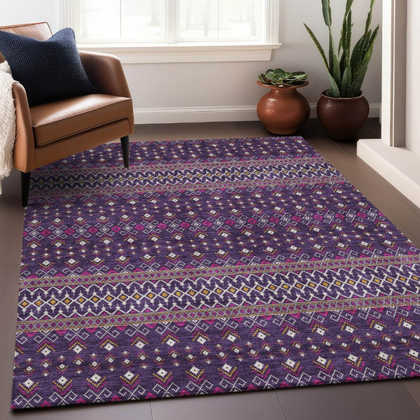 HomeRoots 10' X 14' Vibrant Purple and Yellow Tribal Area Rug - Washable, UV Protected, Perfect for Family Spaces! 657137