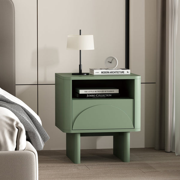 English Elm Ella Modern 20" Nightstand with Sled Legs, Open Shelf & Handle-Free Drawer — Sleek Safe Design Sage Green B365P398161
