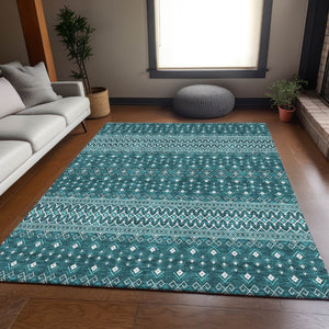 HomeRoots 5' X 8' Teal And Ivory Tribal Area Rug - Stain-Resistant, UV Protected, Non-Slip for Busy Homes 657139
