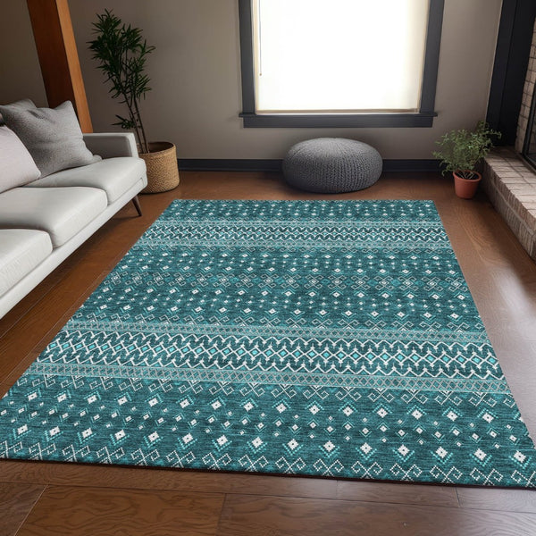 HomeRoots 5' X 8' Teal And Ivory Tribal Area Rug - Stain-Resistant, UV Protected, Non-Slip for Busy Homes 657139