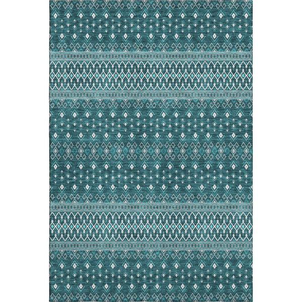 HomeRoots 5' X 8' Teal And Ivory Tribal Area Rug - Stain-Resistant, UV Protected, Non-Slip for Busy Homes 657139