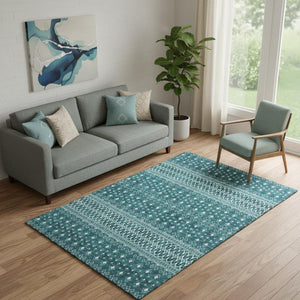 HomeRoots 5' X 8' Teal And Ivory Tribal Area Rug - Stain-Resistant, UV Protected, Non-Slip for Busy Homes 657139
