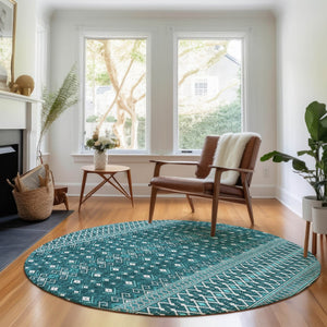 HomeRoots 8' Teal And Ivory Tribal Round Rug - Durable, UV-Protected, Stain-Resistant for Stylish Living Spaces 657140