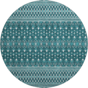 HomeRoots 8' Teal And Ivory Tribal Round Rug - Durable, UV-Protected, Stain-Resistant for Stylish Living Spaces 657140
