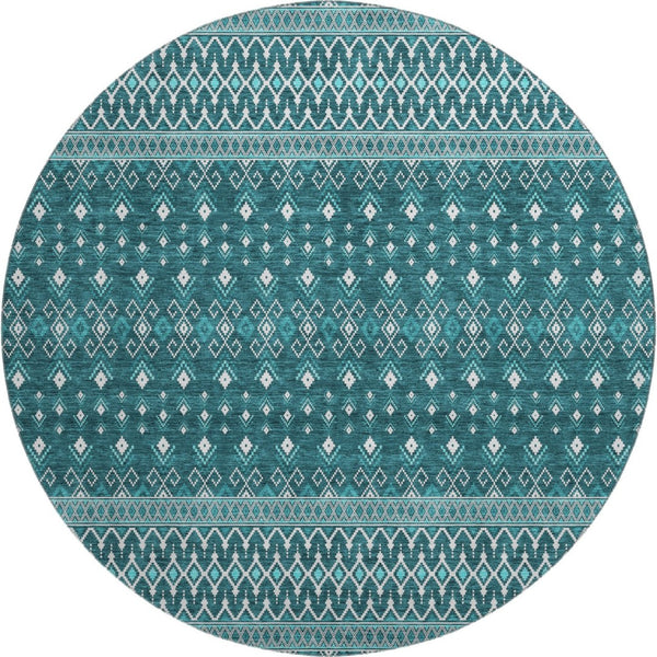 HomeRoots 8' Teal And Ivory Tribal Round Rug - Durable, UV-Protected, Stain-Resistant for Stylish Living Spaces 657140