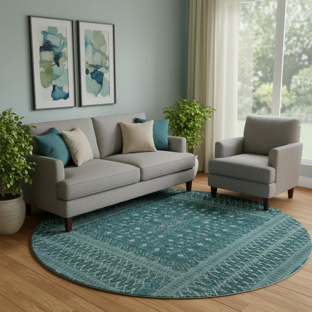 HomeRoots 8' Teal And Ivory Tribal Round Rug - Durable, UV-Protected, Stain-Resistant for Stylish Living Spaces 657140