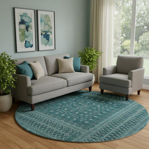 HomeRoots 8' Teal And Ivory Tribal Round Rug - Durable, UV-Protected, Stain-Resistant for Stylish Living Spaces 657140