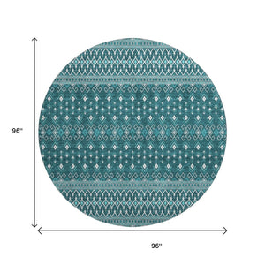 HomeRoots 8' Teal And Ivory Tribal Round Rug - Durable, UV-Protected, Stain-Resistant for Stylish Living Spaces 657140