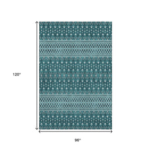 HomeRoots 8' X 10' Teal And Ivory Tribal Area Rug - Washable, UV Protected, Stylish for Family Spaces! 657141