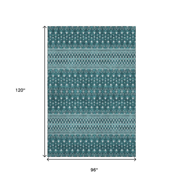 HomeRoots 8' X 10' Teal And Ivory Tribal Area Rug - Washable, UV Protected, Stylish for Family Spaces! 657141