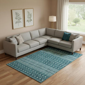 HomeRoots 8' X 10' Teal And Ivory Tribal Area Rug - Washable, UV Protected, Stylish for Family Spaces! 657141