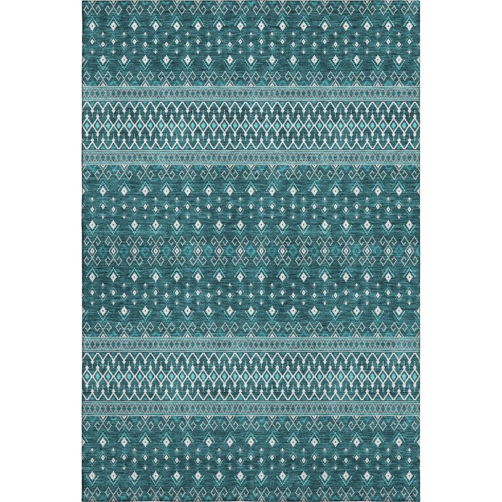 HomeRoots 9' X 12' Teal and Ivory Tribal Area Rug - Stylish, Stain-Resistant, UV Protected for Any Room! 657142