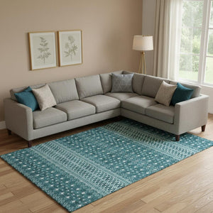 HomeRoots 9' X 12' Teal and Ivory Tribal Area Rug - Stylish, Stain-Resistant, UV Protected for Any Room! 657142
