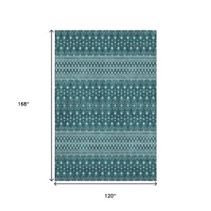 HomeRoots 10' X 14' Vibrant Teal and Ivory Tribal Washable Area Rug with UV Protection & Stain Resistance 657143