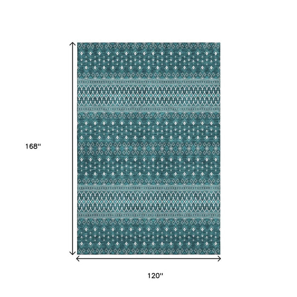 HomeRoots 10' X 14' Vibrant Teal and Ivory Tribal Washable Area Rug with UV Protection & Stain Resistance 657143