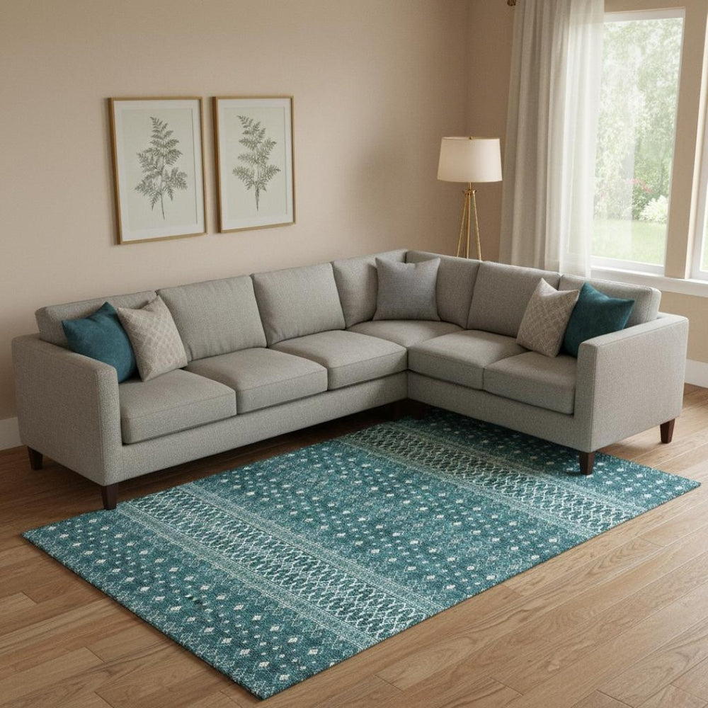 HomeRoots 10' X 14' Vibrant Teal and Ivory Tribal Washable Area Rug with UV Protection & Stain Resistance 657143