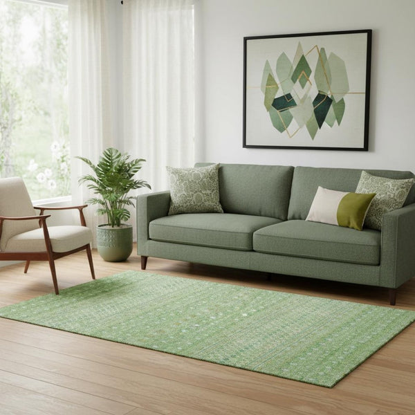 HomeRoots 5' X 8' Artichoke Green Gold Ivory Tribal Washable Area Rug - UV Protected, Durable & Stylish Design 657145