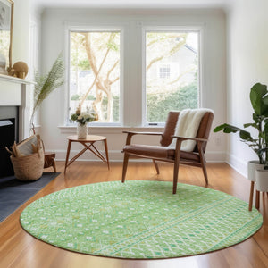 HomeRoots 8' Artichoke Green Tribal Round Rug - Washable, UV Resistant, Durable Polyester for Any Space 657146