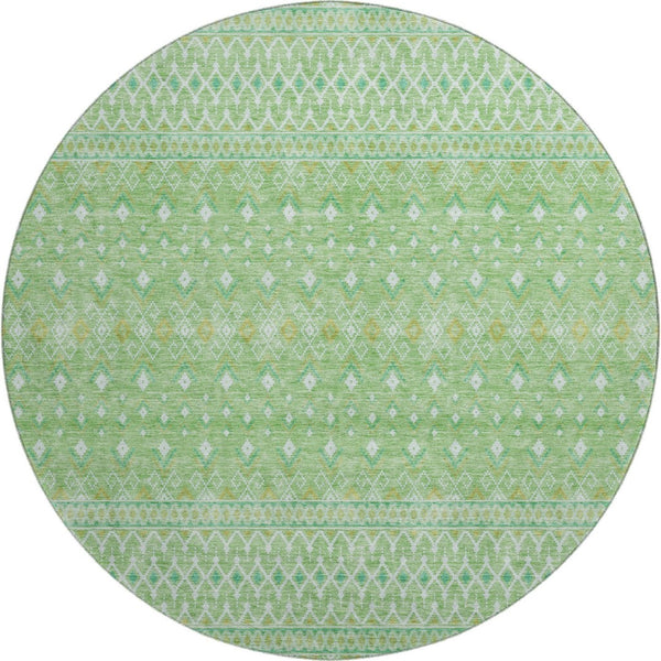 HomeRoots 8' Artichoke Green Tribal Round Rug - Washable, UV Resistant, Durable Polyester for Any Space 657146