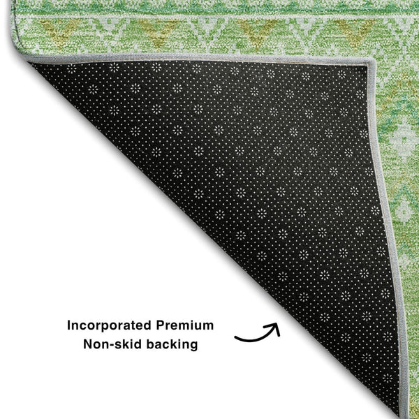 HomeRoots 8' Artichoke Green Tribal Round Rug - Washable, UV Resistant, Durable Polyester for Any Space 657146