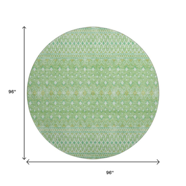 HomeRoots 8' Artichoke Green Tribal Round Rug - Washable, UV Resistant, Durable Polyester for Any Space 657146