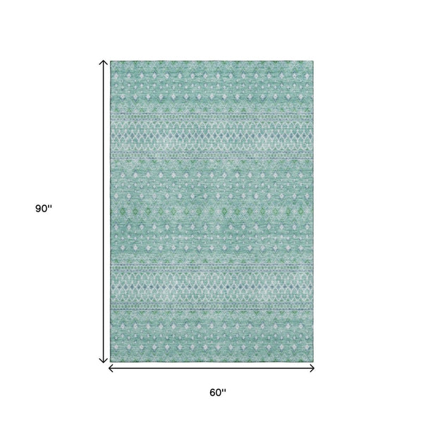 HomeRoots 5' X 8' Aqua And Ivory Tribal Area Rug – Washable, Stain Resistant, UV Protected for Daily Use 657151