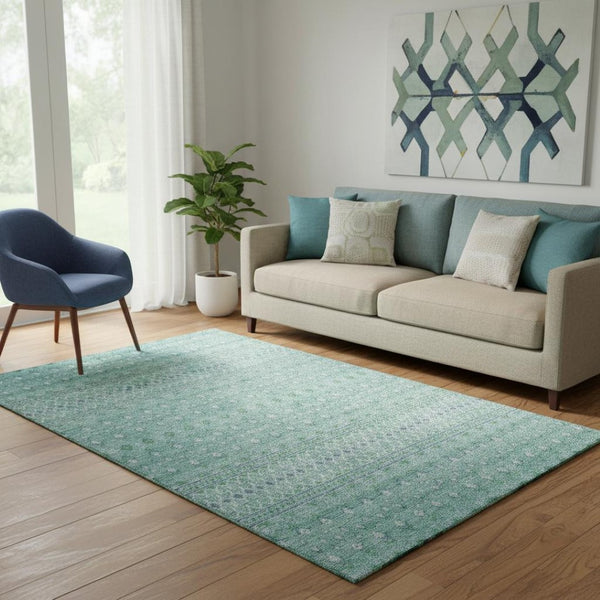 HomeRoots 5' X 8' Aqua And Ivory Tribal Area Rug – Washable, Stain Resistant, UV Protected for Daily Use 657151