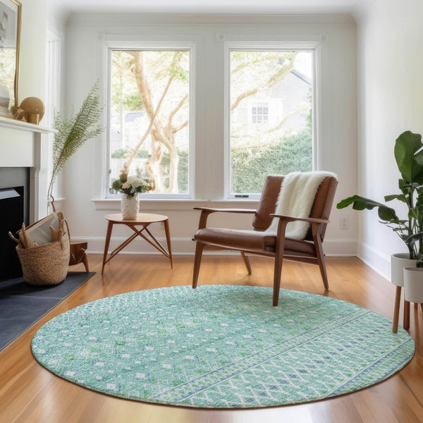 HomeRoots 8' Stylish Aqua and Ivory Tribal Washable Round Rug with UV Protection for Indoor and Outdoor Spaces 657152