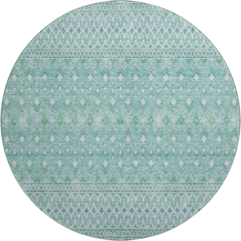 HomeRoots 8' Stylish Aqua and Ivory Tribal Washable Round Rug with UV Protection for Indoor and Outdoor Spaces 657152