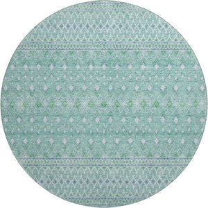HomeRoots 8' Stylish Aqua and Ivory Tribal Washable Round Rug with UV Protection for Indoor and Outdoor Spaces 657152