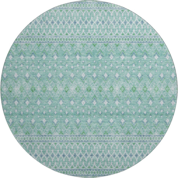 HomeRoots 8' Stylish Aqua and Ivory Tribal Washable Round Rug with UV Protection for Indoor and Outdoor Spaces 657152