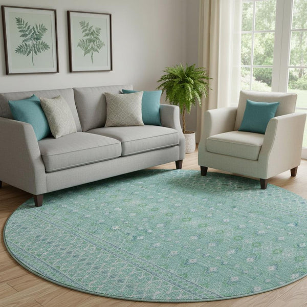HomeRoots 8' Stylish Aqua and Ivory Tribal Washable Round Rug with UV Protection for Indoor and Outdoor Spaces 657152